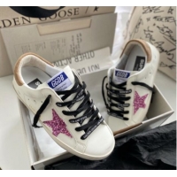 Stylish Golden Goose GGDB Super-Star Sneakers in White Leather and Purple Glitter Star 328143