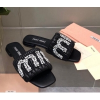 Sophisticated Miu Miu Matelasse Leather Flat Slide Sandals with Crystals Logo Black 327102