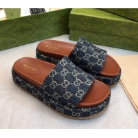 Stylish Gucci GG Denim Platform Slide Sandal 5.5cm Dark Blue 316034