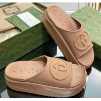 Top Grade Gucci Rubber Platform Slide Sandals with Interlocking G Light Brown 319015