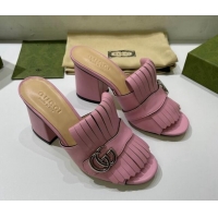 Stylish Gucci Leather Fringe Heel Slide Sandals 7cm Pink 319030