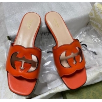 Purchase Gucci Leather Flat Slide Sandals with Interlocking G Cut-out Orange 319064