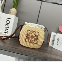 Luxury Cheap Loewe Beehive Basket bag in raffia straw and calfskin 89175 Brown 2024