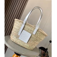 Famous Brand Loewe Medium Basket bag in raffia straw and calfskin 8005 White 2024