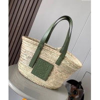 Popular Style Loewe Medium Basket bag in raffia straw and calfskin 8005 Green 2024