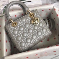 Inexpensive Dior Medium Lady Dior Bag in Cannage Lambskin 44532 Pearl Grey/Gold 2024