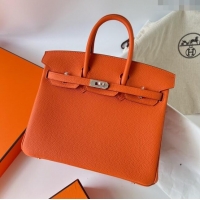 Buy Inexpensive Hermes Birkin 25cm Bag in Original Togo Leather HB025 Orange/Silver (Pure Handmade)