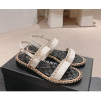 Best Price Chanel Quilted Lambskin Strap Flat Sandals with Chain Charm White 0423076