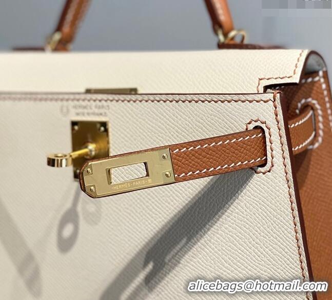 Top Design Hermes Mini Kelly II Bag 19cm in Epsom Leather H19 Cream White/Brown 2023 (Half Handmade)