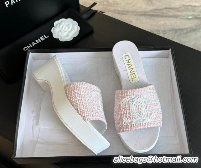 Sophisticated Chanel Tweed Wedge Slide Sandal 10cm Pink 424140