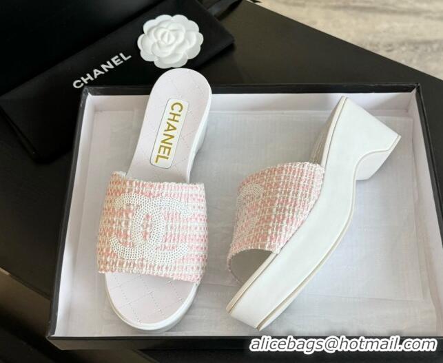 Sophisticated Chanel Tweed Wedge Slide Sandal 10cm Pink 424140