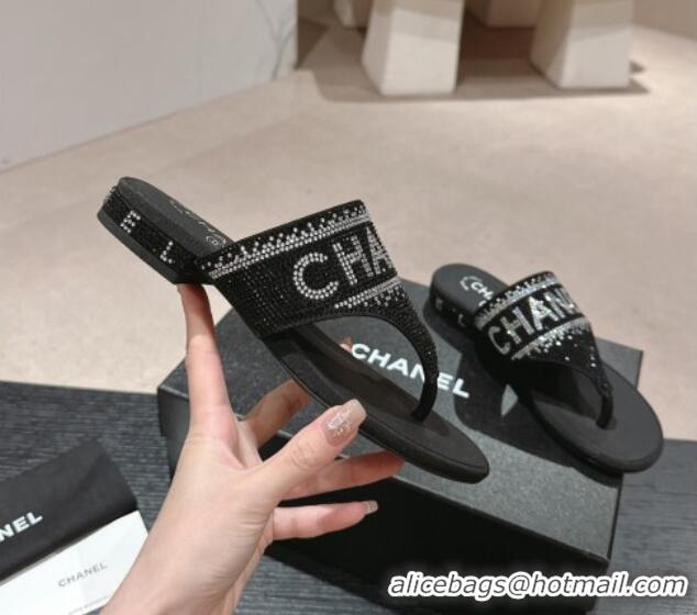 Top Design Chanel Crystals Flat Thong Slide Sandals with Logo Black 424164