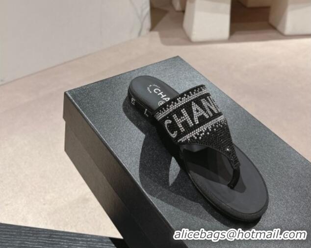 Top Design Chanel Crystals Flat Thong Slide Sandals with Logo Black 424164