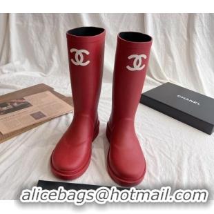 Good Product Chanel Rubber Medium Rain Boots with Front CC Red 425075