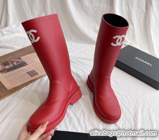 Good Product Chanel Rubber Medium Rain Boots with Front CC Red 425075