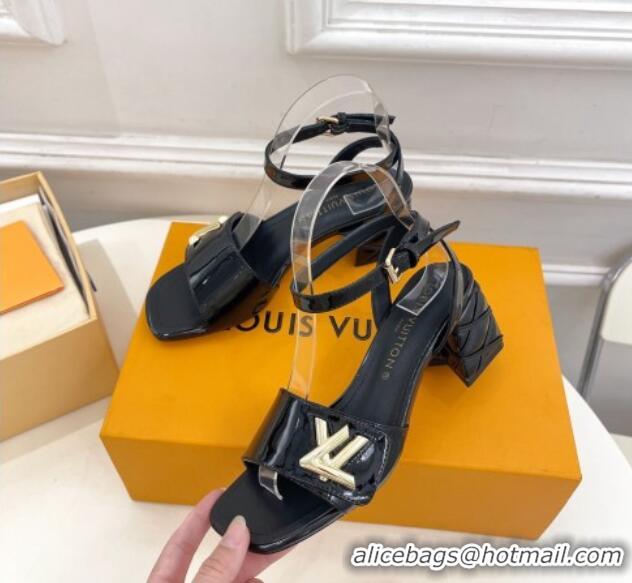 Best Grade Louis Vuitton Shake Strap Sandals 5.5cm with Quilted Heel in Patent Calfskin Black 426078