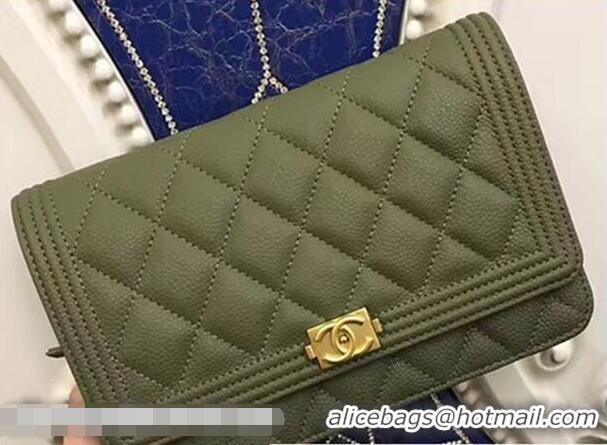Sophisticated Chanel Boy Wallet On Chain WOC Bag In Grained Leather CH61803 Olive/Gold