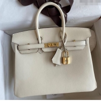 Top Grade Hermes Birkin 25cm Bag in Original Swift Leather H025 Cream White/Gold (Full Handmade)