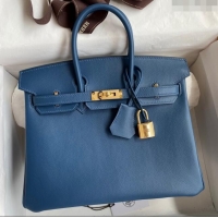 Top Design Hermes Birkin 25cm Bag in Original Swift Leather H025 Blue/Gold 2024 (Full Handmade)