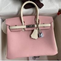 Top Quality Hermes Birkin 25cm Bag in Original Swift Leather H025 3Q Pink/Cream White/Silver 2024 (Full Handmade)
