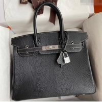 Buy Fashionable Hermes Birkin 25cm Bag in Original Chèvre Leather H025 Black/Silver 2024 (Full Handmade)