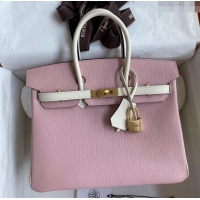 Most Popular Hermes Birkin 25cm Bag in Original Chèvre Leather H025 3Q Pink/Cream White/Gold 2024 (Full Handmade)