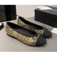 Best Product Chanel Sequins & Grosgrain Ballet Flat with Bow G45591 Gold 423132