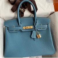 Well Crafted Hermes Birkin 30cm Bag in Original Togo Leather H30 Denim Blue/Gold 2024 (Full Handmade)