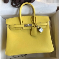 Top Grade Hermes Birkin 35cm Bag in Original Swift Leather H35 Lemon Yellow/Silver 2024 (Full Handmade)