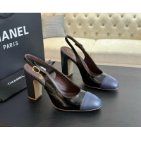 New Style Chanel Calfskin Slingback Pumps 9cm with Side CC G45566 Black/Blue 424009