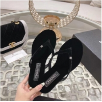 ​Famous Brand Chanel Velvet Flat Thong Slide Sandals with Crystal CC G45716 Black 2024