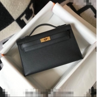New Design Hermes Mini Kelly Pochette Bag 22cm in Epsom Leather 7117 Black/Gold 2024 (Half Handmade)