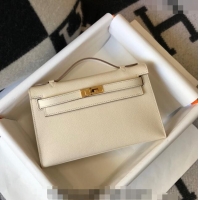 Top Quality Hermes Mini Kelly Pochette Bag 22cm in Epsom Leather 7117 Cream White/Gold 2024 (Half Handmade)