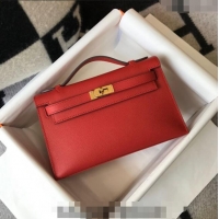 New Design Hermes Mini Kelly Pochette Bag 22cm in Epsom Leather 7117 Chinese Red 2024 (Half Handmade)