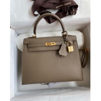 Top Quality Hermes Kelly 25/28m Bag in Original Epsom Leather K2528 Etoupe/Gold 2024 (Half Handmade)