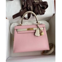Top Grade Hermes Kelly 25/28cm Bag in Original Epsom Leather K2528 3Q Pink/White/Gold 2024 ((Half Handmade)