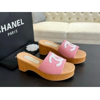 Good Quality Chanel Wedge Fabric Slide Sandal 10cm G45555 Pink 424136