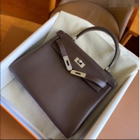 Buy Fashionable Hermes Kelly 25 Bag in Original Swift Leather K2528 Chocolate/Silver 2024 (Full Handmade)
