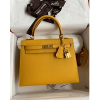 Luxury Cheap Hermes Kelly 32cm Bag in Original Epsom Leather K32 Amber Yellow/Gold 2024 (Half Handmade)