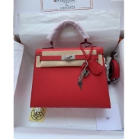 Well Crafted Hermes Kelly 32cm Bag in Original Epsom Leather K32 Red/Silver 2024 (Half Handmade)
