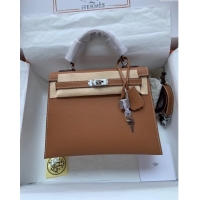 Top Quality Hermes Kelly 32cm Bag in Original Epsom Leather K32 Brown/Silver 2024 (Half Handmade)