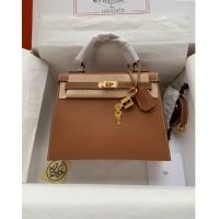 Pretty Style Hermes Kelly 32cm Bag in Original Epsom Leather K32 Brown/Gold 2024 (Half Handmade)
