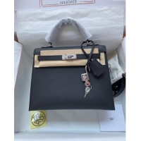 Buy Discount Hermes Kelly 32cm Bag in Original Epsom Leather K32 Black/Silver 2024 (Half Handmade)