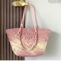 Top Quality Loewe Anagram Basket Bag in Iraca Palm and Calfskin 8008 Pink 2024