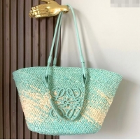 Grade Design Loewe Anagram Basket Bag in Iraca Palm and Calfskin 8008 Mint Green 2024