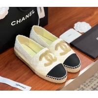 Sumptuous Chanel Tweed & Grosgrain Espadrilles Flat G29762 White/Gold/Black 425019