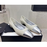 Trendy Design Chanel Lambskin & Metallic Calfskin Ballet Flat White/Silver 425030