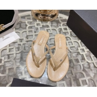 Unique Style Chanel Leather Flat Thong Slide Sandals with Crystal CC Beige 425045