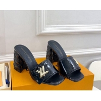 Hot Style Louis Vuitton Shake Slide Sandals 9cm with Quilted Heel in Patent Calfskin Black 426069