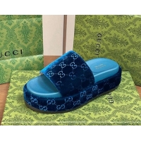 Good Looking Gucci Platform Slide Sandals 5cm in GG Velvet Dark Blue 427005